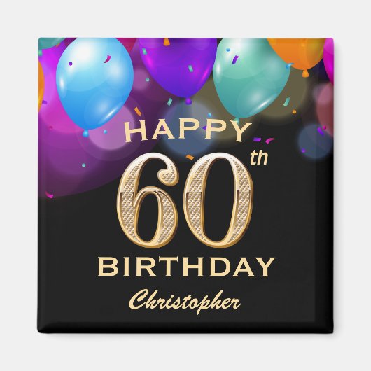 60e verjaardag Zwarte en gouden ballonnen Magneet (Voorkant)