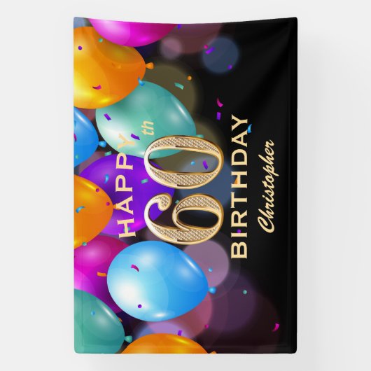 60e verjaardag Zwarte en gouden ballonnen Spandoek (Verticaal)