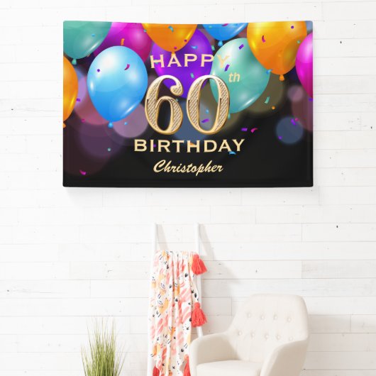 60e verjaardag Zwarte en gouden ballonnen Spandoek (Insitu)