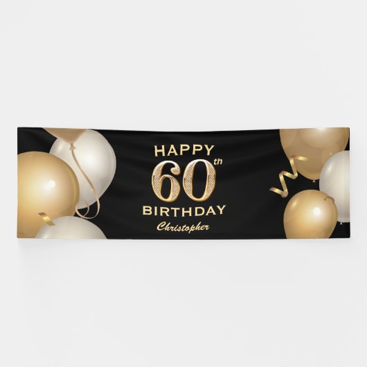 60e verjaardag Zwarte en gouden ballonnen Spandoek (Horizontaal)