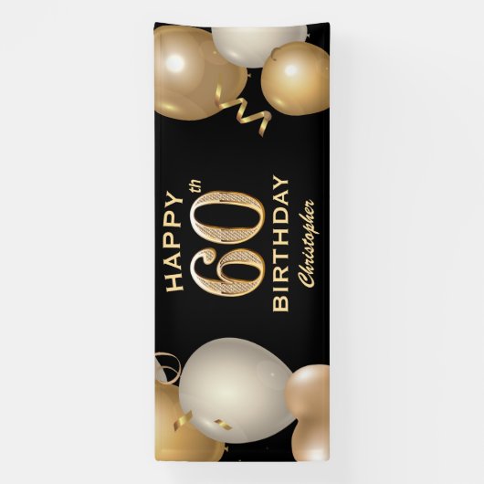 60e verjaardag Zwarte en gouden ballonnen Spandoek (Verticaal)