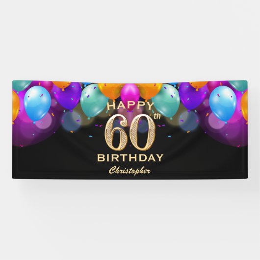 60e verjaardag Zwarte en gouden ballonnen Spandoek (Horizontaal)