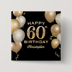 60e verjaardag Zwarte en gouden ballonnen Vierkante Button 5,1 Cm