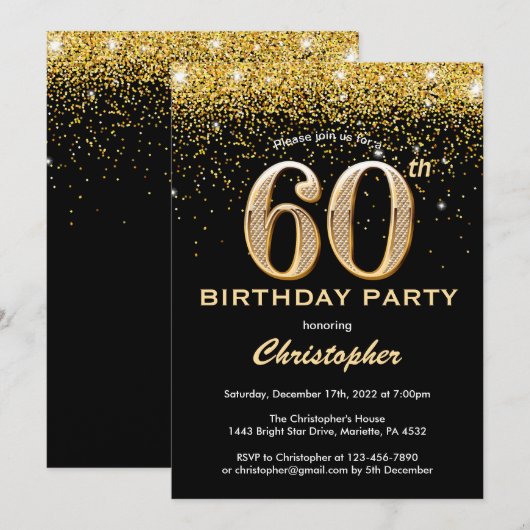 60e verjaardag zwarte en goudglitter-Confetti Kaart (Voorkant / Achterkant)