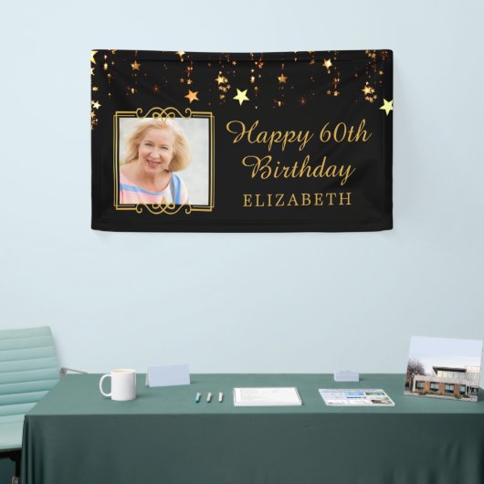 60e verjaardag zwarte en goudsterren op persoonlij spandoek (Beurs)