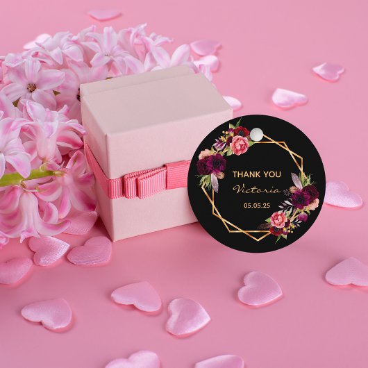 60e verjaardag zwarte floral gold geo burgundy nam bedankjes labels