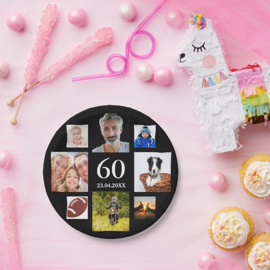 60e verjaardag zwarte foto collage mannen man papieren bordje (Feest)