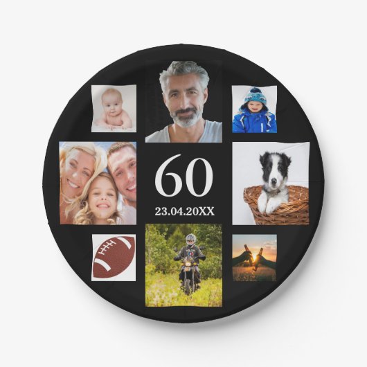 60e verjaardag zwarte foto collage mannen man papieren bordje (Voorkant)