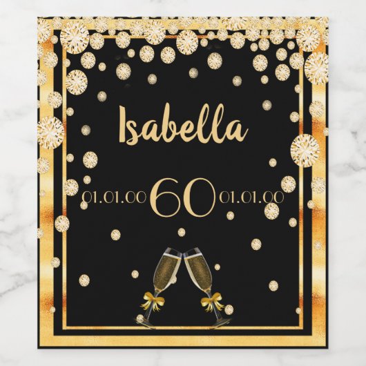 60e verjaardag zwarte gouddiamanten wijn etiket (Enkel label)