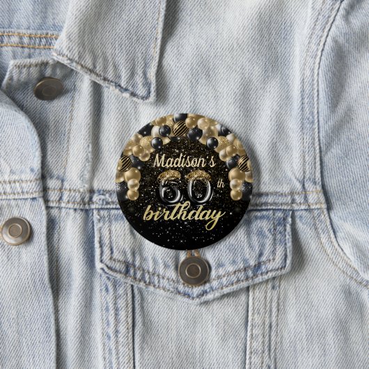 60e verjaardag zwarte gouden ballon Glitter Button (In situ)