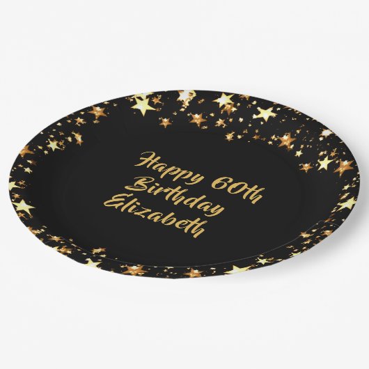 60e verjaardag zwarte gouden sterren Naam Papieren Bordje (Gekanteld)