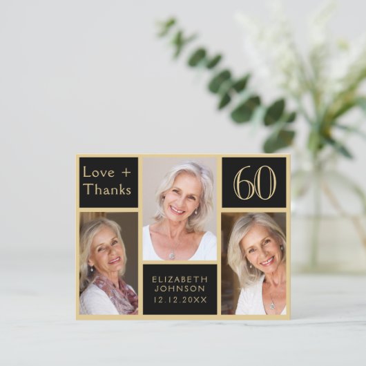 60e verjaardag zwarte goudfoto Collage Bedankkaart (Staand voorkant)