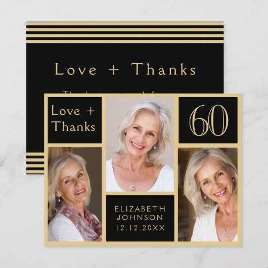 60e verjaardag zwarte goudfoto Collage Bedankkaart (Voorkant / Achterkant)