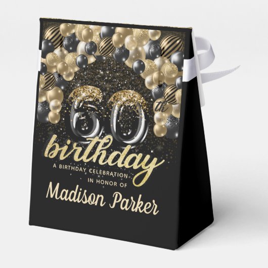 60e verjaardag zwarte goudglitter op maat bedankdoosjes (Achterkant)