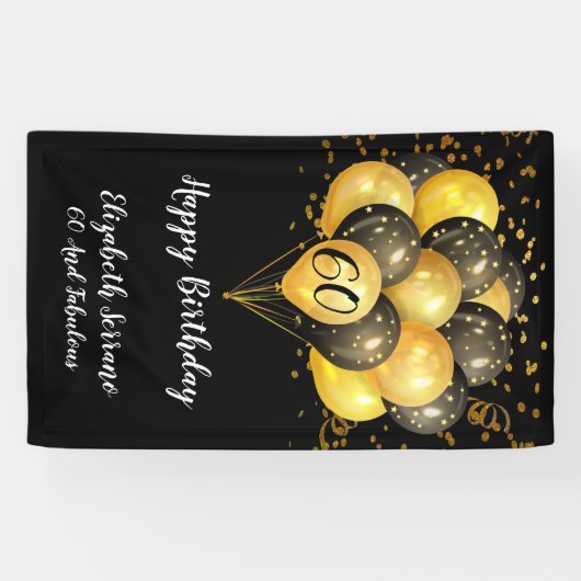 60e verjaardag zwarte goudglitter spandoek (Horizontaal)
