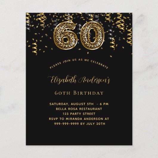 60e verjaardag zwarte goudluipaard budgetuitnodigi flyer (Voorkant)