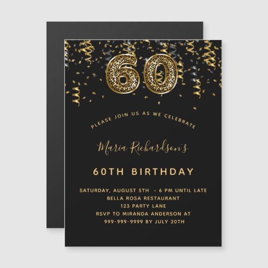 60e verjaardag zwarte goudluipaard luxe magnetische uitnodiging (Voorkant / Achterkant)