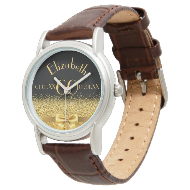 60e verjaardag zwarte goudmonogram elegant horloge (Gekanteld)