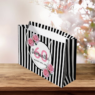 60e verjaardag zwarte strepen roze rozenrozen naam groot cadeauzakje