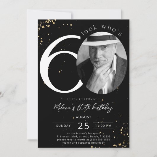 60e verjaardag zwarte uitnodiging met foto (Voorkant)