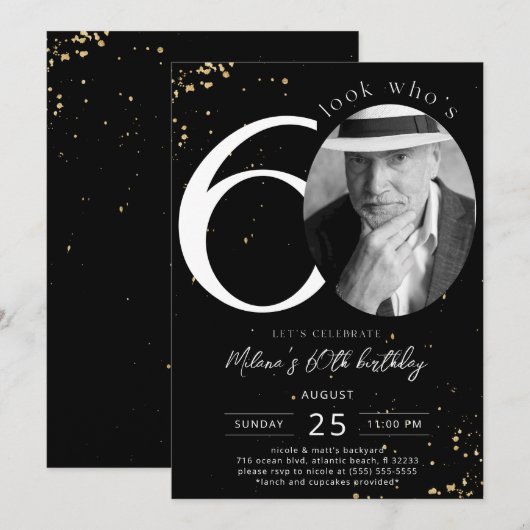 60e verjaardag zwarte uitnodiging met foto (Voorkant / Achterkant)