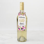 60e verjaardag zwarte, warm roze goudglitter-Confe Flessenhanger (Op fles)