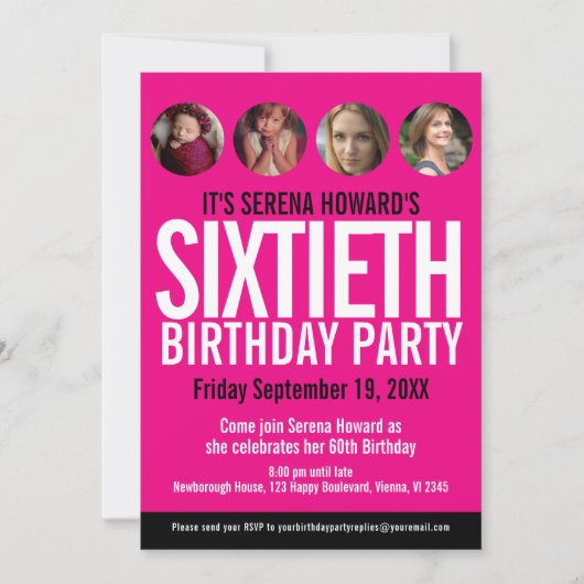 60e verjaardag zwarte witte roze fotocirkels kaart (Voorkant)