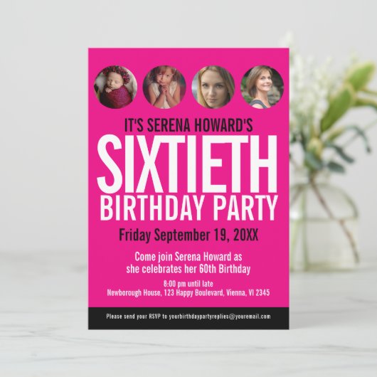 60e verjaardag zwarte witte roze fotocirkels kaart (Staand voorkant)