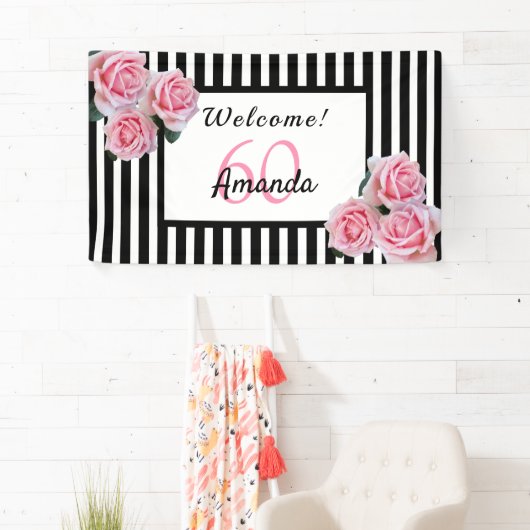 60e verjaardag zwarte witte strepen bloemen spandoek (Insitu)