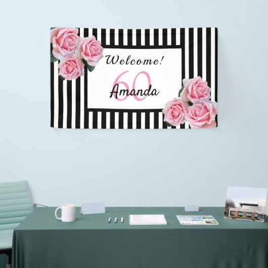 60e verjaardag zwarte witte strepen bloemen spandoek (Beurs)