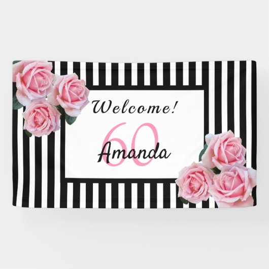 60e verjaardag zwarte witte strepen bloemen spandoek (Horizontaal)