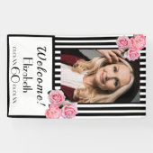 60e verjaardag zwarte witte strepen florals foto spandoek (Horizontaal)