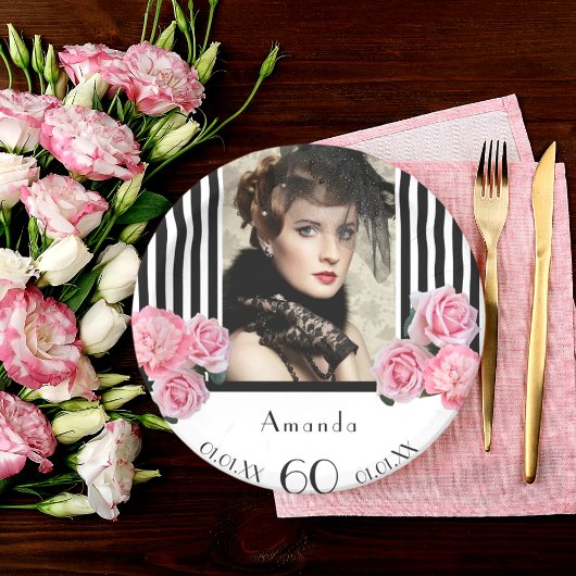 60e verjaardag zwarte witte strepen foto van flora papieren bordje