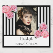 60e verjaardag zwarte witte strepen foto van flora sparkling wijnetiket (Enkel label)