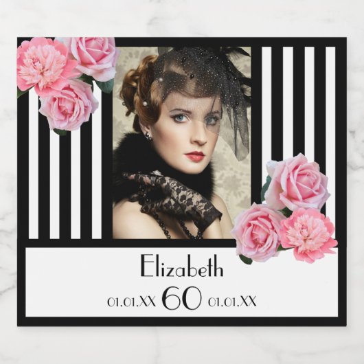 60e verjaardag zwarte witte strepen foto van flora sparkling wijnetiket (Enkel label)