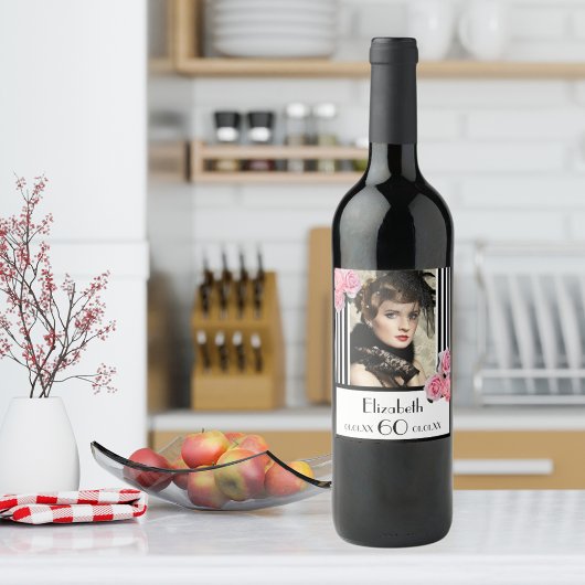 60e verjaardag zwarte witte strepen foto van flora wijn etiket