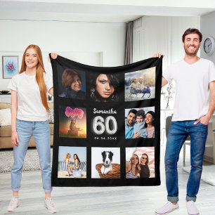 60e verjaardag zwarte zilveren foto collage naam fleece deken