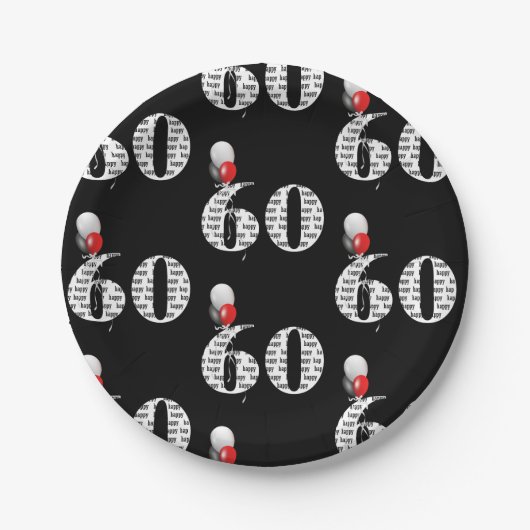 60e verjaardagsballonnen op zwarte ballonnen papieren bordje (Voorkant)