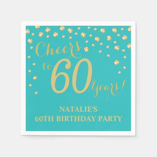 60e verjaardagsfeest Blauwgroen en gouden diamante Servet (Voorkant)