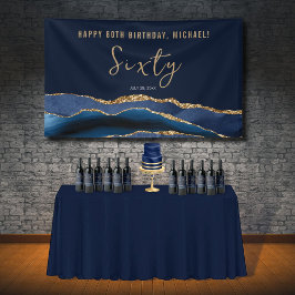 60e Verjaardagsfeest Elegant Navyblauw Goud Agate Spandoek