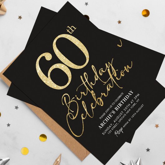 60e Verjaardagsfeest Elegant Zwart & Goud Glitter Kaart