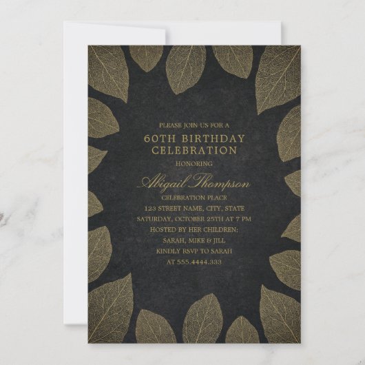 60e verjaardagsfeest Elegante zwarte gouden blader Kaart (Voorkant)