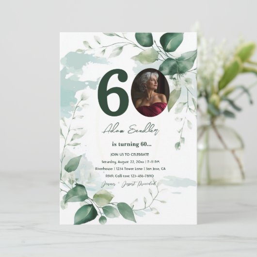 60e verjaardagsfeest en groene brunches uitnodigin kaart (Staand voorkant)