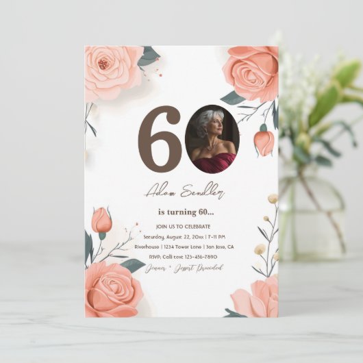 60e verjaardagsfeest en rode reses uitnodigingen (Staand voorkant)