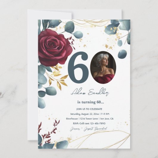 60e verjaardagsfeest en rode rozen en blauw kaart (Voorkant)