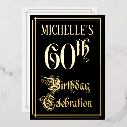 60e verjaardagsfeest — Fantasievol script & eigen Folie Uitnodiging (Voorkant / Achterkant)