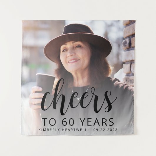 60e Verjaardagsfeest Foto Black Script Cheers Wandkleed (Voorkant)