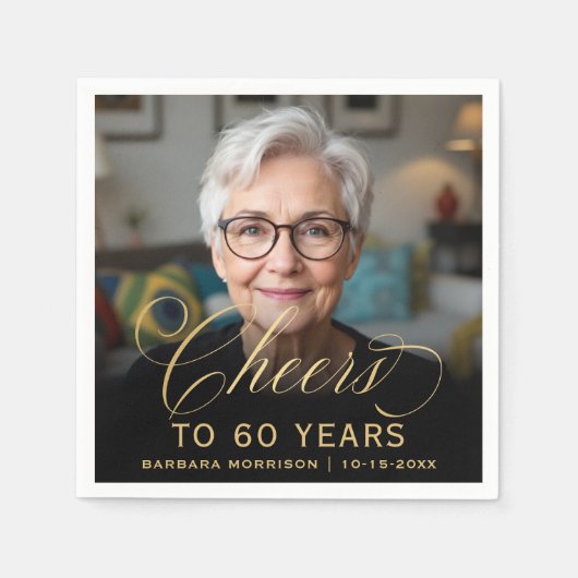 60e Verjaardagsfeest Foto Gold Script Cheers Servet (Voorkant)