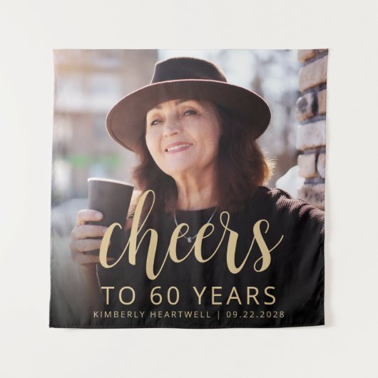 60e Verjaardagsfeest Foto Gold Script Cheers Wandkleed (Voorkant)