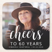 60e Verjaardagsfeest Foto Proost Witte Script Kartonnen Onderzetters (Voorkant)